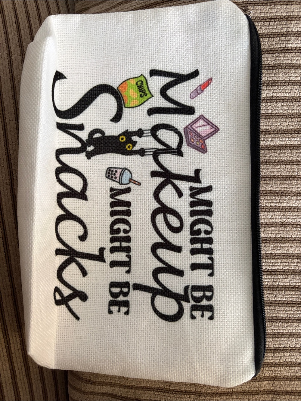 NWT- Makeup Snacks Zip Pouch - White with Black Lettering